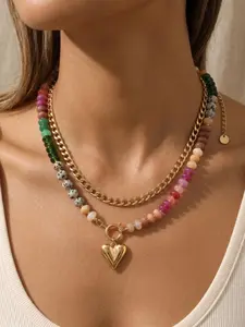 Dopamine-Enhanced Colored Beaded Necklace, Heart-Shaped Pendant Chain, Clavicle Jewelry, Unique Stacked Design, Women's Gift, Exquisite Jewelry Gift
