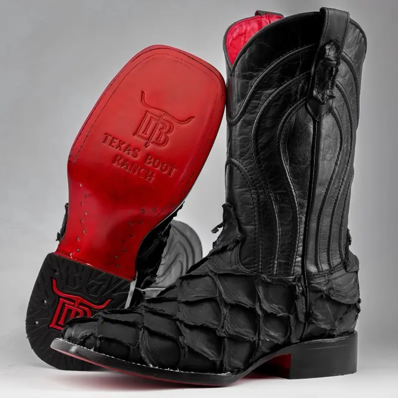 Matte Black Jumbo Pirarucu Print Leather Boots - Square Toe (TCY) Matte Black Jumbo Pirarucu Print Leather Boots - Square Toe (TCY)
