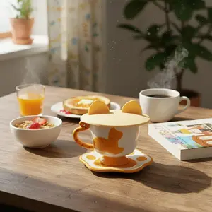 4-Piece 14oz Handcrafted White Ceramic Black Cat Animal-Shaped Cups, Coffee & Tea Set, Ideal Mother's Day Gift for Mom