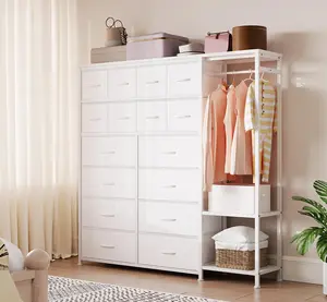 GARVEE Tall Dresser for Bedroom with 16 Drawers & Clothes Rack & 2 Storage Shelves, Fabric Dressers & Chests of Drawers, Large Closet Dresser for Storage and Organization (White PU, Large)