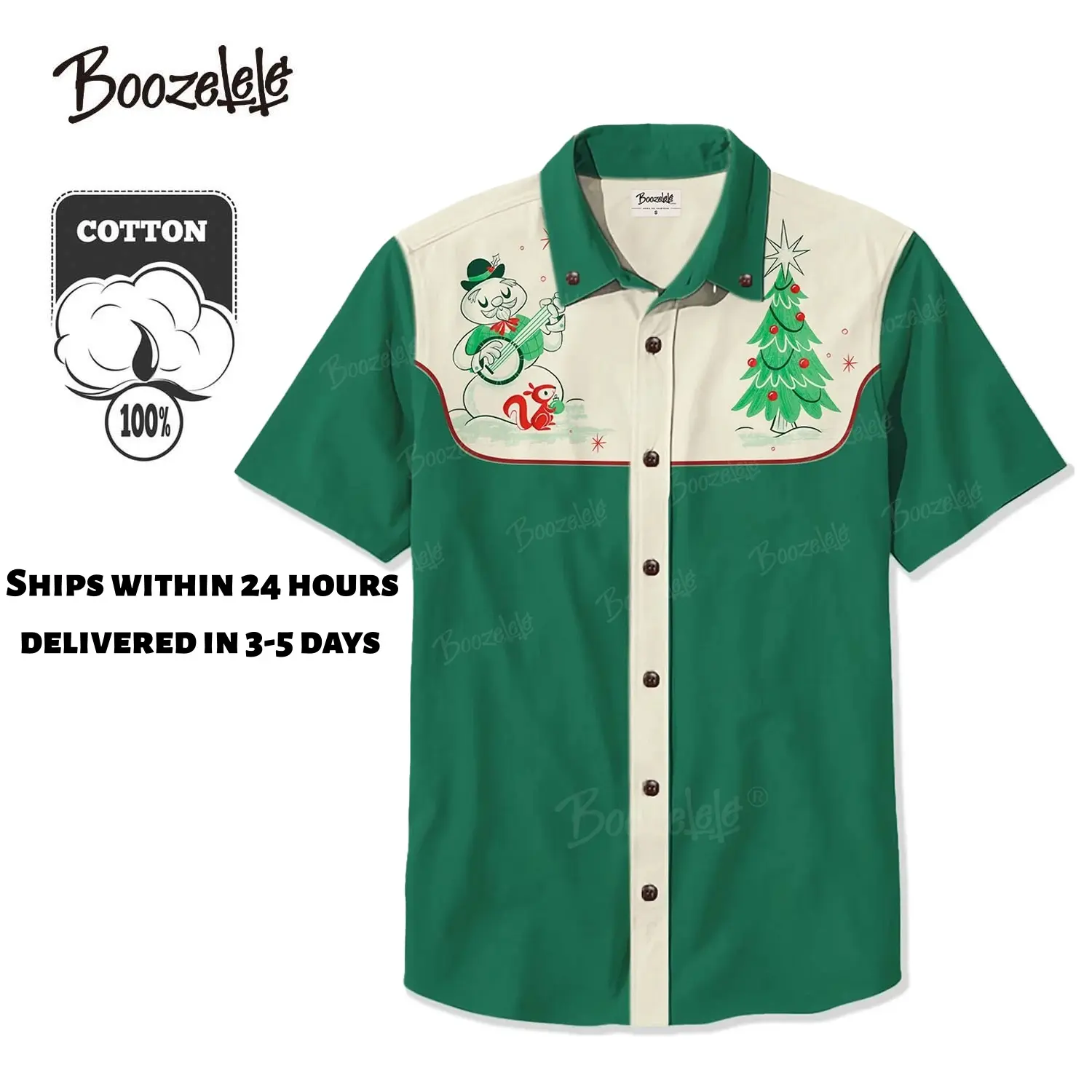 [Christmas]Unisex Christmas Banjo-Playing Snowman And Christmas Tree 100% Cotton Shirt Short Sleeves Button-down, Christmas outfits, Party, Gifts