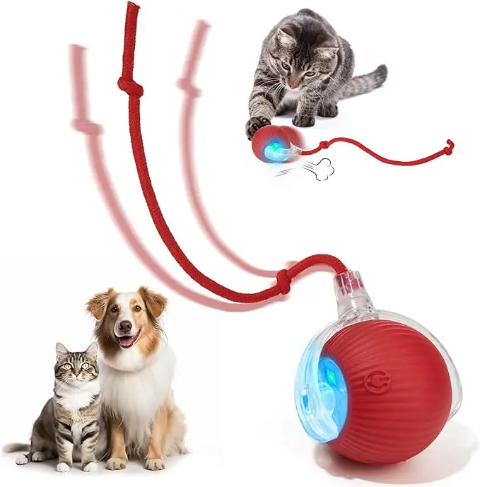 Electric Rolling Cat Ball Toy with Rope, Interactive Cat Teaser Toy, Automatic Ball Toy Pet Supply for Dogs & Cats, Interactive Kitten Wand, Kitty