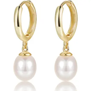 EAMTI Pearl Earrings for Women Trendy 925 Sterling Silver Freshwater Cultured Pearl Huggie Hoop Drop Earrings 14K Gold Plated