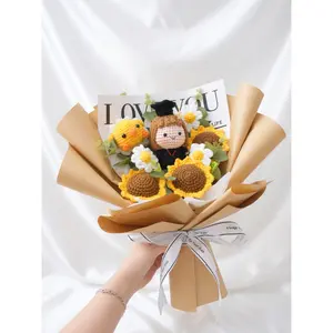 Handmade Graduation Bouquet with Mixed Wool Flowers & Animal Plush, Cute Crochet Graduation Gift for Best Friend, Girlfriend, Boyfriend, Class of 2026