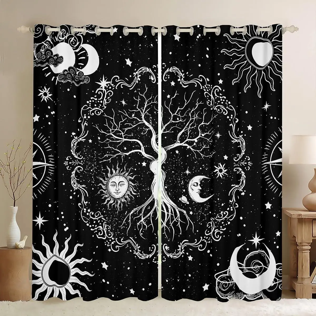 Tree of Life Blackout Curtains Sun and Moon Print Curtains Bedroom Decor,Black and White Window Curtains Space Stars Constellations Dorm(2 Panels)