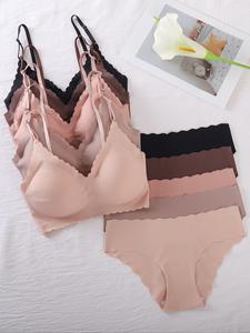 women's solid color removable padded bra & pastel color panties set, casual fit comfy breathable scallop trim lingerie set for daily wear, comfortable underwear set for women, women lingerie, women's underwear set, lingerie for women, womenswear