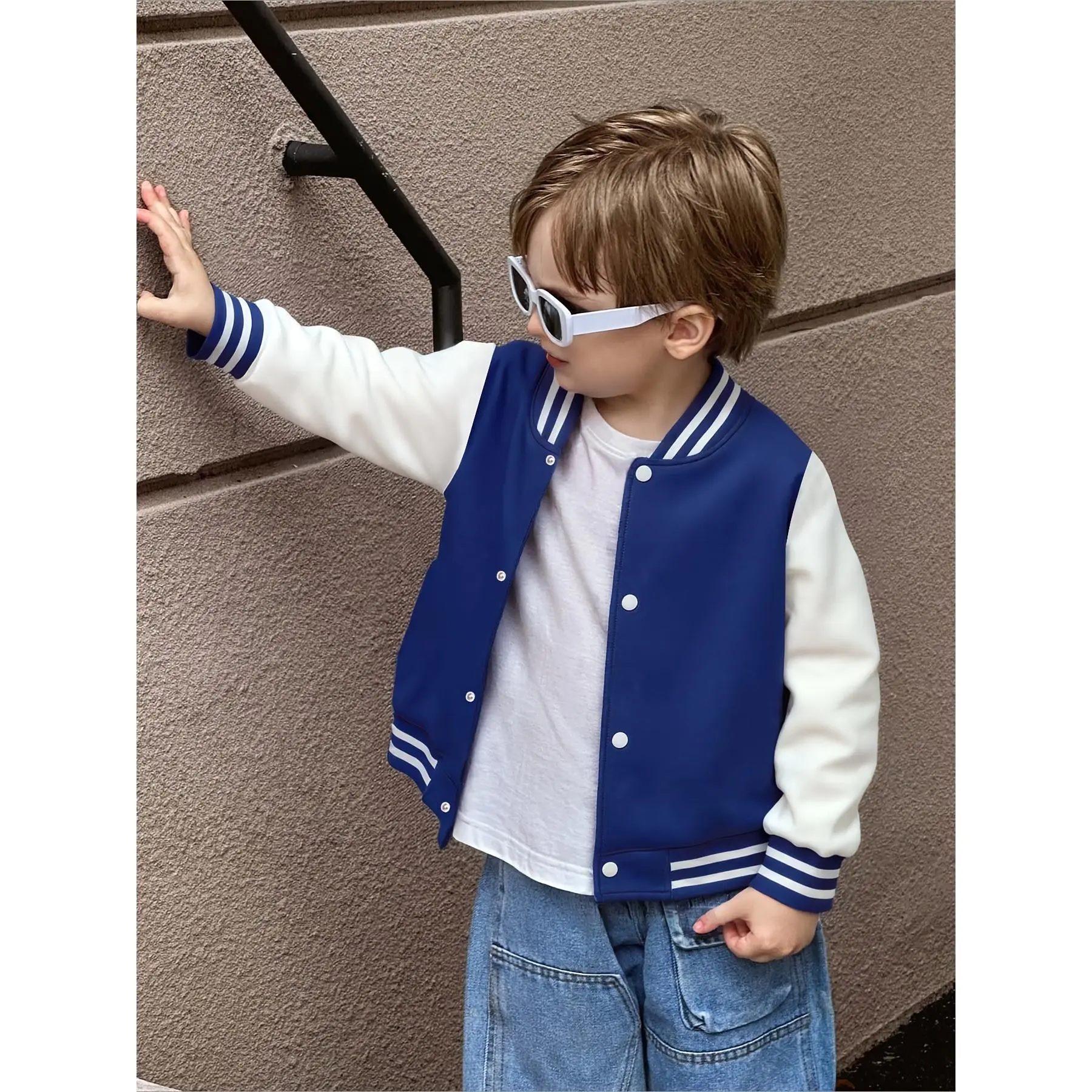 Boys' Preppy Vintage Casual Colorblock Long Sleeve Baseball Jacket - Polyester, Classic Collar, Contrast Snap Design, Skin-Friendly Fabric, for Daily Wear & Outings, Sizes 7-8Y, 9-10Y, 11-12Y, Casual Vintage