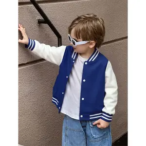 A Color-block Baseball Jacket for Kids, Featuring a Vintage Casual Style with a Fashionable Vibe. It Boasts a Classic Baseball Collar and Contrasting Color Design, Perfect for Daily Wear or Outings. Made from Soft, Skin-friendly Fabric, It's Ideal
