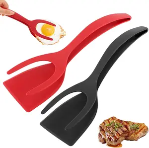 2 in 1 Egg Flipper Spatula, Non-Stick Grip and Flip Spatula Tongs for Pancakes, Omelets, Fish, Eggs, Burgers, Steaks, Heat Resistant Cooking Tool for Kitchen use(COLOR:Black+Red)