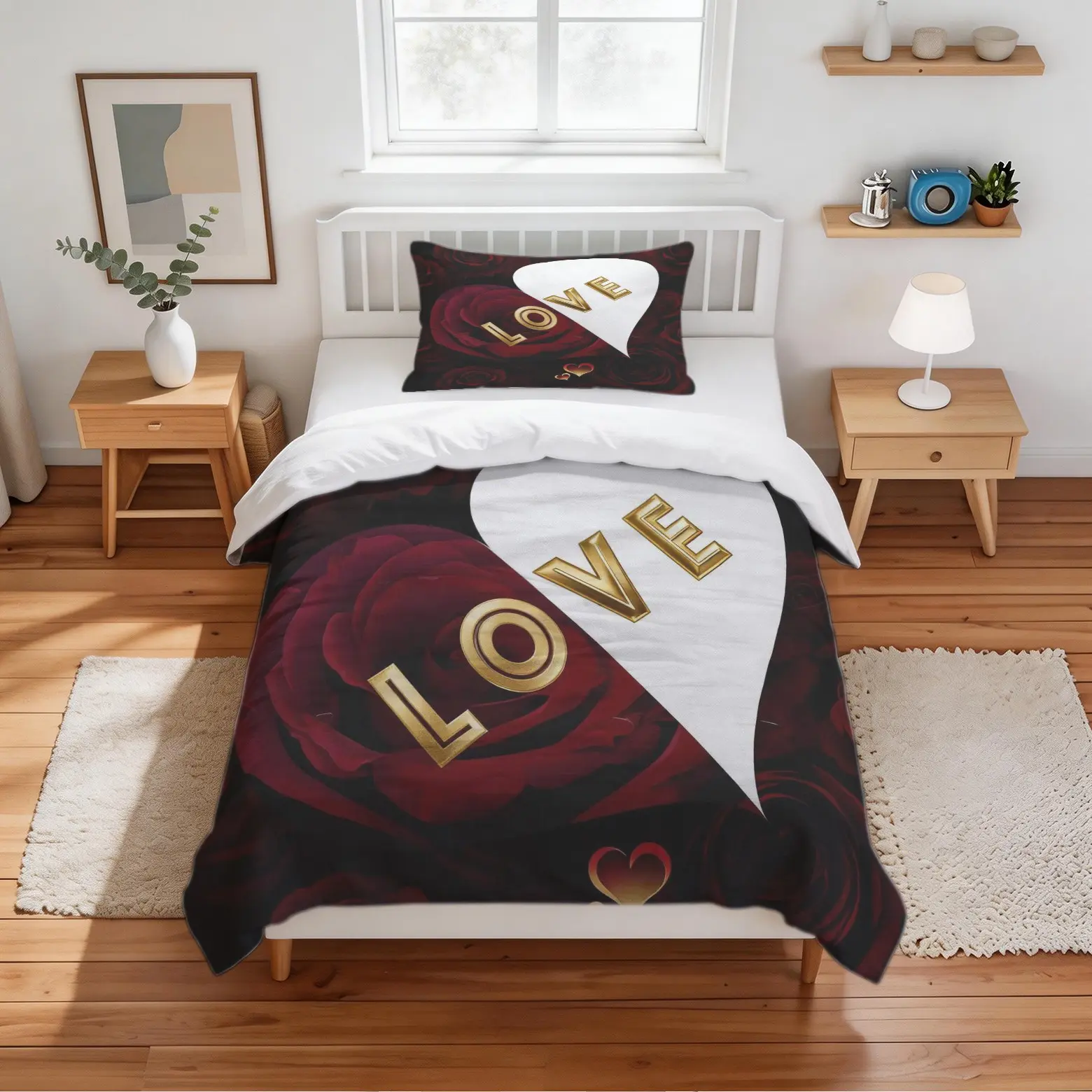 Romantic Rose Love Duvet Cover Set, 2/3 Pieces, Valentine's Day Style Bedding, Smooth Microfiber Fabric, Without Comforter and Pillow Inserts, Suitable for Bedroom and Dorm Decoration, Ideal Romantic and Couple Gift Option