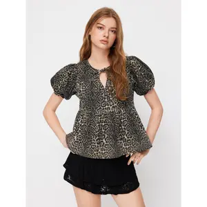 Cider Denim Leopard Print Tie Front Ruffle Puff Sleeve Oversized Blouse SwimWeek