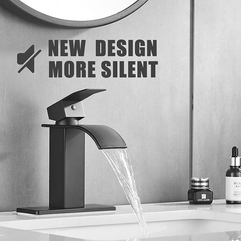 Bathroom Faucet Matte Black Modern Waterfall Bathroom Sink Faucet with Single Handle Suitable for 1 or 3 Holes,Supply Deck Plate and Hose