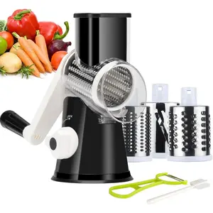 Rotary Cheese Grater Hand Crank, Kitchen Shredder Speed Mandolin Slicer Nuts Grinder with Handle and Drum Blades For Cheese,Vegetable,Walnut,Chocolate,Potato,Carrot, 3 Blades, Black