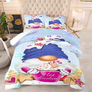 2/3 Pcs Fantasy Gnome Style Quilt/Comforter Set: Includes 1 Quilt + 1/2 Pillowcases (No Filler), with Christmas Gnomes, Fantasy Gnomes, Nature Gnomes Patterns, Family Sleep Scenes,Bedrooms, for Homestay Owners, Fantasy Bedroom Creators, Sleep Atmosphere