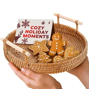 8.7 in Lightweight Traditional Round Rattan Tray - Woven Serving Organiser with Handles, Ideal for Coffee Table Cheese Serving, Home Decor