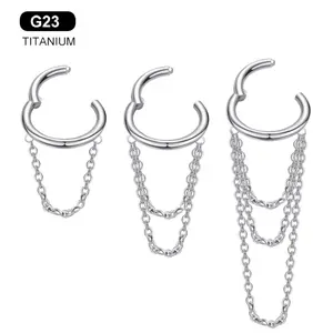 G23 Titanium Tassel Cartilage Earrings, ASTM F136 Surgical Grade Titanium Clip On Cuff Earrings, Hypoallergenic Closed Ring Chain Dangle Earrings for Women Men, Fashion Ear Piercing Jewelry