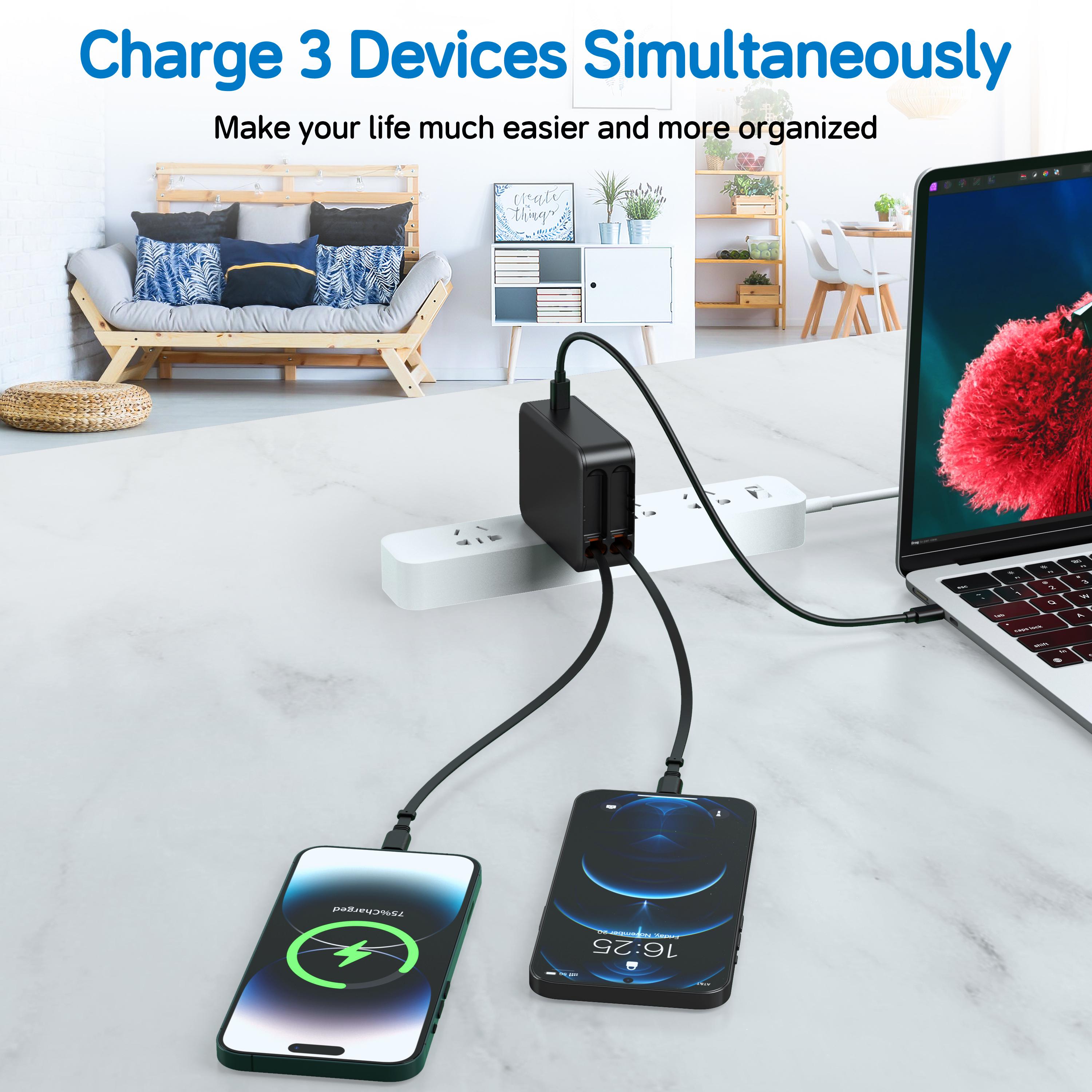 35W Retractable Wall Charger with Dual Cables, 3-Port USB Charging Block, Fast Charging for iPhone, iPad, Tablets, LG, Samsung, and More
