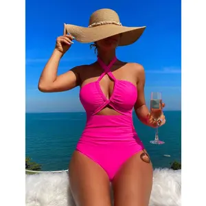 One-Piece Delivery from Overseas Warehouses in The United States 2025 New European And American Solid Color Neck One-Piece Sexy Backless Foreign Tradegoldiesol bikinis thong bikini sets,summervibes
