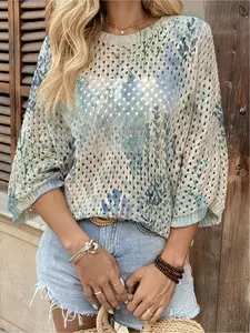Spring & summer Bohemian womenswear knit top, round neck, hollow-out batwing sleeves, loose fit. All-over contrast print, lightweight. Great for daily, commute, vacation & beach bikini cover-up.