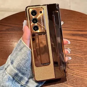 Plating Leather Stand Protection Cover For Samsung Galaxy Z Fold 6 5 4 3 Case One-Piece Hinge Protective Glass Film For Z Fold7
