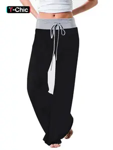 Women's Patchwork Drawstring Waist Wide Leg Pants, Casual Sporty Trousers, Casual Comfy Trousers for Spring & Fall, Women's Bottoms for Daily Wear, Womenswear