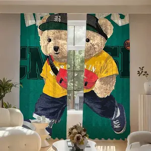 2pcs Creative Polo Bear Combo Print Curtains, Home Decoration Curtain, Blackout Polyester Curtains for Kitchen Bedroom Office Living Room, No Rod Door Curtain, Easy Install Curtain