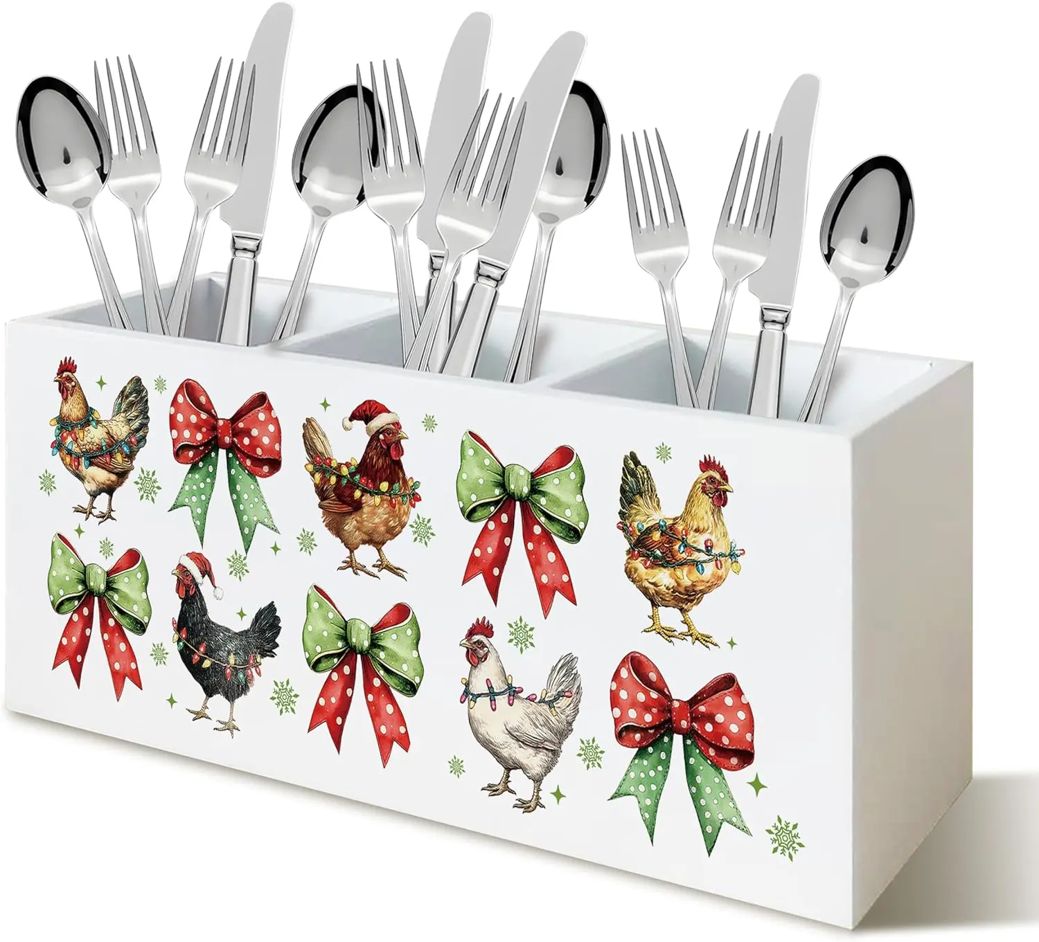 Christmas Chicken Kitchen Utensils Holder, Chicken Mom Lady Lovers Gifts, Red and Green Christmas Wooden Cooking Utensil Holder Organizer for Countertop Counter Shelf Table Decor Accessories
