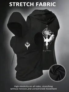 Men's Sleeveless Hooded Gym Vest, Athletic Fashion Activewear, Fly Eagle Compass Print, High Elastic Breathable Fabric, Casual Fitted Style for Fitness Training