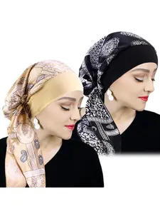 2pcs Satin Print Headscarf Hat, Elastic Wide Brim Sleep Cap, Adjustable Pirate Hat, Wraparound Head Cover, Comfortable Nightcap, Elastic Fit