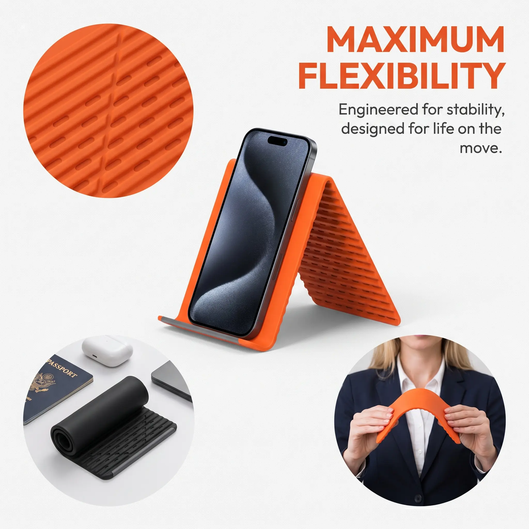 Flexible Silicone Aluminum Phone holder stand, Bendable Rollable Foldable Design, Universal Adjustable Anti-Slip Desktop Mount for Phone Tablet Laptop, Portable Ergonomic Holder for Home Office Travel