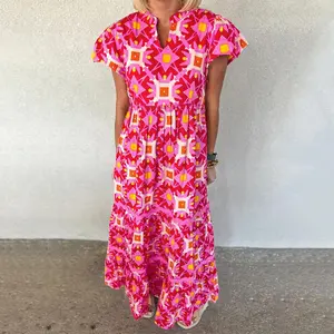 Women's Elegant Strawberry Pink Geo Print V-neck Maxi Long Dress