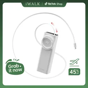 iWALK LinkPod Reel 20000mAh 65W Power Bank with Retractable USB-C Cable Triple Device Charging LED Display White Portable Charger for iPhone MacBook Tablets Compact Travel-Friendly - Wireless
