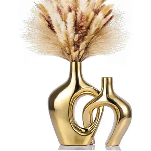 Gold Vase for Decor, Gold Ceramic Vases Set of 2, Gold Round Vase for Flowers or Pampas Grass, Gold Vases for Centerpieces, Gold Ceramic Vase for Modern Home Decor, Bookshelf, Mantel Decor