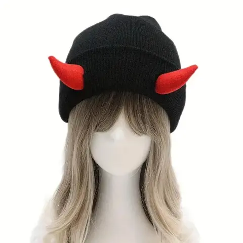 Unisex Street Style Devil Horn Knit Hat, Y2K Halloween Party Fashion Beanie, Colorblock Trendy Couple Cap, Fall Winter Warm Outdoor Hat