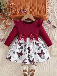 Girls' autumn fashionable dress, romantic butterfly print style, girls' long sleeved princess skirt, textured fabric with pit stripes, three-dimensional bow and butterfly print skirt, suitable for daily home, outdoor base