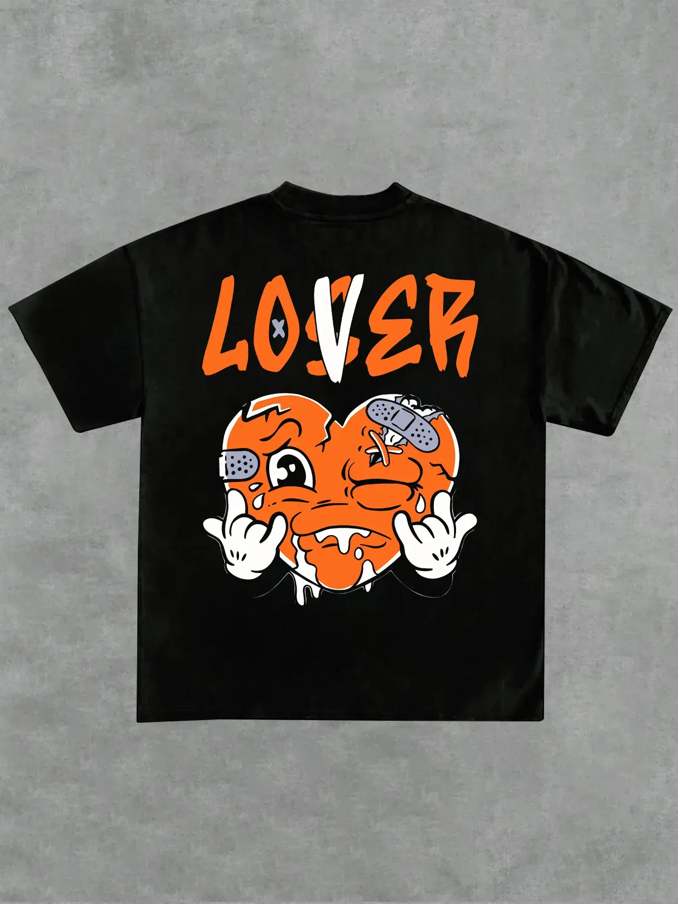 Men's Retro Streetwear T-Shirt – "Lover" Orange Heart Graphic, Black 100% Cotton Tee, Soft Breathable Hip Hop Style Summer Top, Casual Aesthetic Look