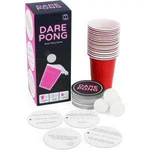 Full Beer Pong Set and 50 Coasters with Dares, Fun Drinking Adult Board Games, Great for Bachelorette Party, Couples Games, Perfect for Adult Game Night