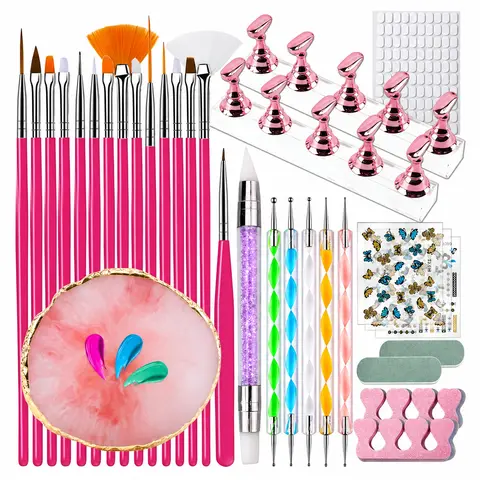 Nail Art Tools Set, Nail Stand for Press on Holder for Painting Nails, Nail Art Brushes, Liner Brushes, Nail Dotting Tool, Must Haves Design Tools Supplies Kit for Nail Tech & Beginners (Pink)
