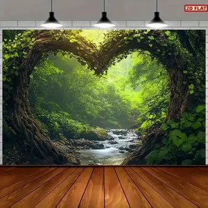 2D Flat Banner, 1pc heart-shaped tree frame Backdrop with serene stream & lush greenery - durable Polyester Wedding & Party background Banner for romantic events, birthdays, photo shoots - no electricity needed Wall Decor Banner