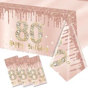 3 Pack 80th Birthday Tablecloth Decorations, Pink Rose Gold Happy 80 Birthday Table Cover, Plastic Disposable Rectangular Table Cloth Decor
