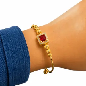 Ruby Square Stone Gold-Plated Adjustable Bracele