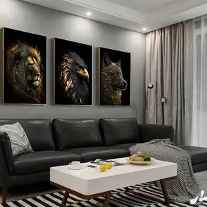 3pcs Gold Eagle Lion Animal Poster Set, Wooden Frame High-Definition Art Decor, Home Living Room Bedroom Bar Decoration, Wooden Wall Art