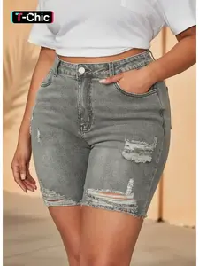 Plus Size Women's Stretch Denim Shorts, Skinny, Ripped Effect, Elastic Fabric, Casual Fashion, Party Wear, Summer Ladies' Stretch Denim Shorts, Fit