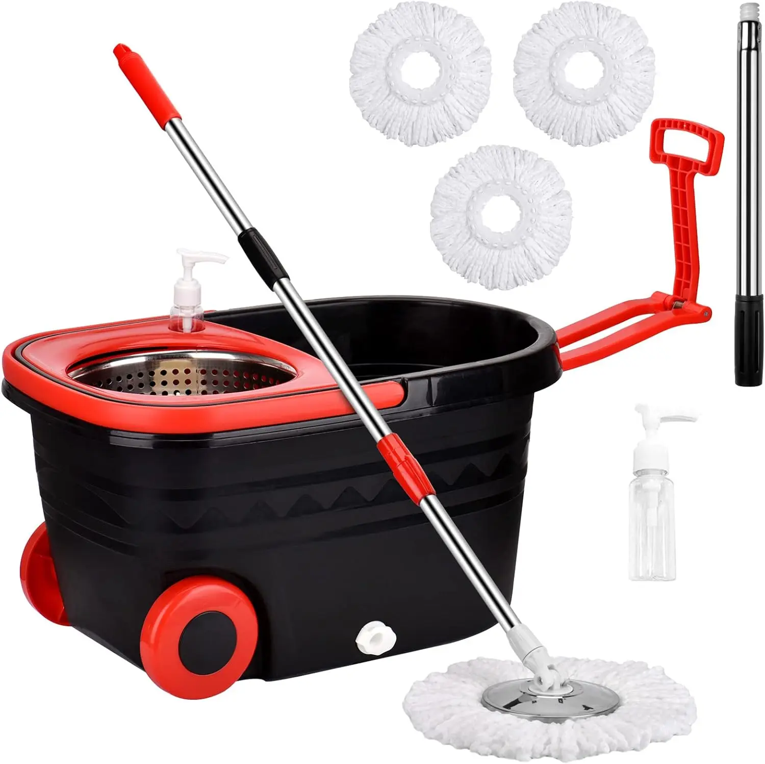Mop and Bucket with Wringer Set, 360° Rotating Floor Mop Bucket on Wheels for Floor Cleaning, 3 Microfiber Mop Replacement Head Refills, 61" Stainless Steel Extended Handle, Red&Black