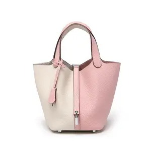 Vegetable Basket Bag for Women High-Version Genuine Leather Exquisite Bucket Bag Niche Large-Capacity Elegant Women'S Handbag with Secure Buckle Closure and Zippered Pockets