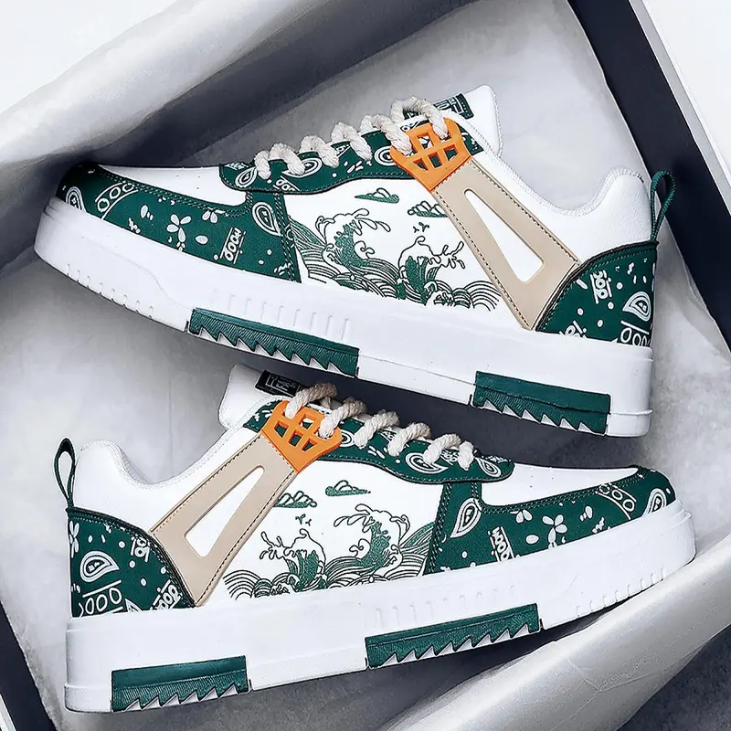 Men's Paisley Patchwork Print Lace Up Skateboarding Shoes, Road Trip Essentials, Sporty Fashionable Comfortable Shoes for Men, Breathable Back To School Non-slip Mens Sneakers,Fall Clothes