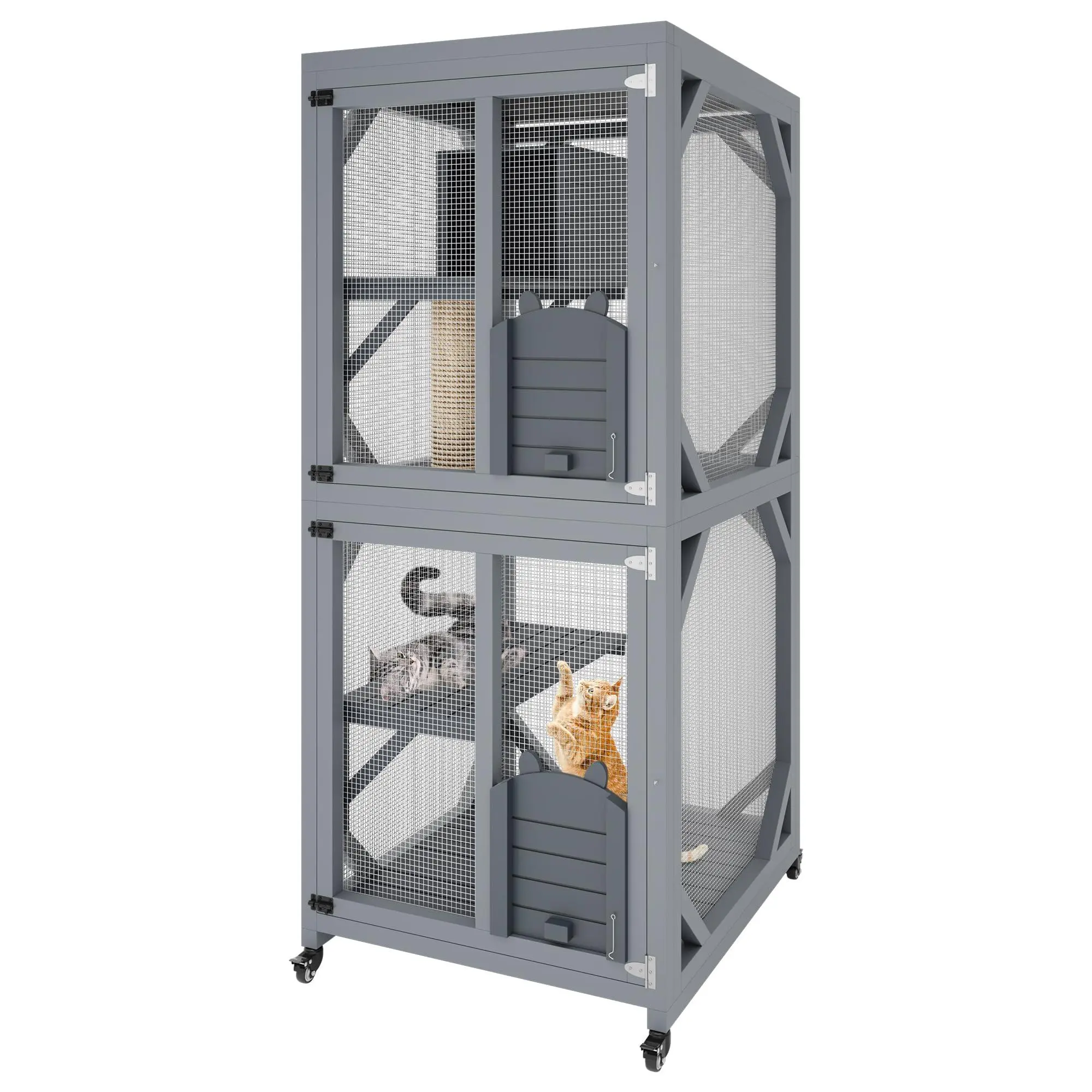 GARVEE Metal Frame Large Cat Enclosure on Wheels, 68in Indoor-Outdoor Catio with Asphalt Roof, Scratching Post, 3 Platforms, Resting Box & Window Access (Grey)