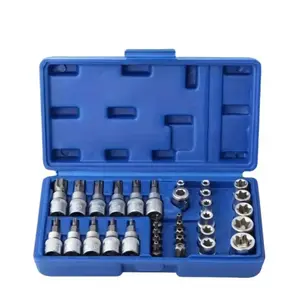 34pcs 3/8-Inch Drive Torx Bit Socket & E-Torx(Star) SocketSet, Cr-V E Socket E4-E20, S2 Torx Bit Set T10-T60, TamperProof TT10-TT55,5/16"F to 3/8"M Adapter, Durable HandTools for Car & Motorcycle Repair