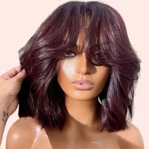 Jessie's Wig [Roda] 99J Red With Curtain Bangs Wavy Short Bob Style Glueless Pull Go Wig