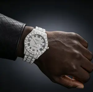Icedoutwatch Hiphop Rhinestone Diamond Watch Cuban Chain Rapper Metal Band Plated Luxury Roman Numerals Timepiece Premium Trendy